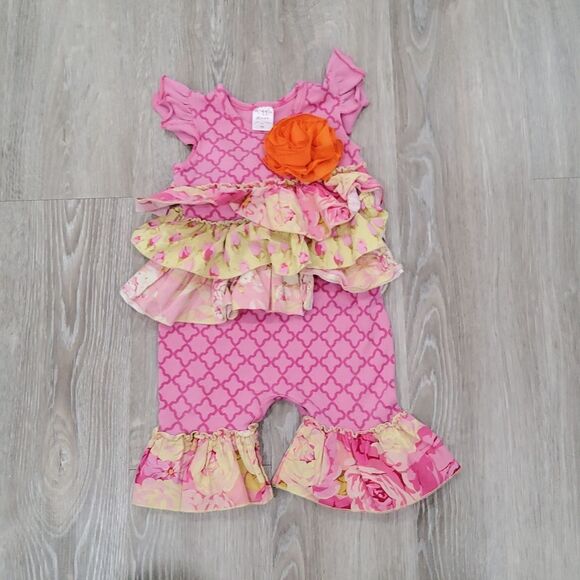 GIGGLE MOON 9M Pink and Floral Ruffle Romper - Picture 1 of 4